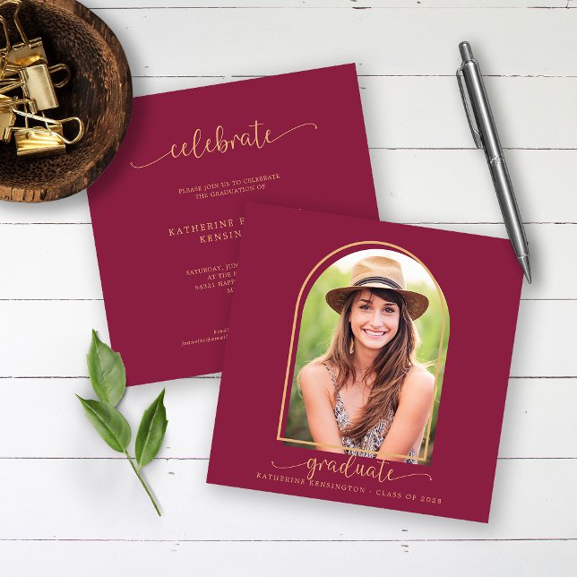Modern Arch Burgundy Gold Photo Graduation Invitation (Creator Uploaded)