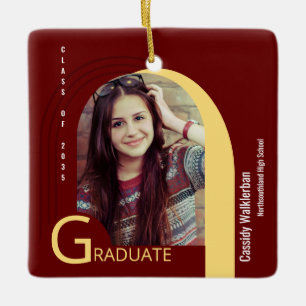 Modern Arch Burgundy Photo Graduation Ceramic Ornament