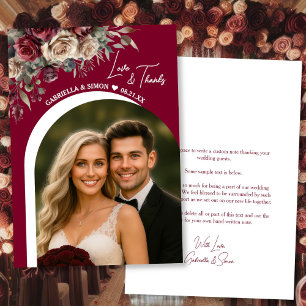 Modern Arch Burgundy Roses Love & Thanks Wedding Thank You Card