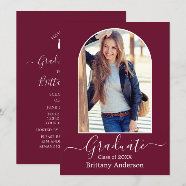 Modern Arch Calligraphy Burgundy Graduation Party Invitation (Front/Back)