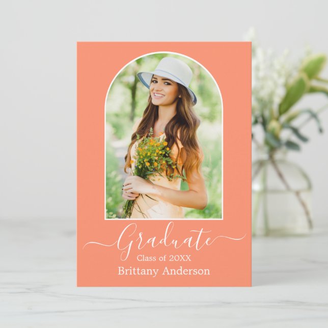 Modern Arch Calligraphy Coral Peach Graduation Announcement (Standing Front)