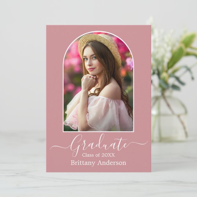 Modern Arch Calligraphy Dusty Pink Graduation Announcement (Standing Front)
