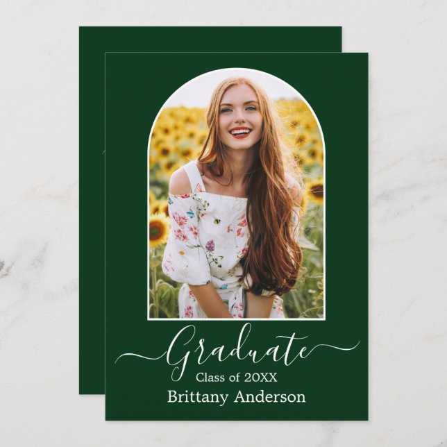 Modern Arch Calligraphy Green Graduation Party Invitation (Front/Back)
