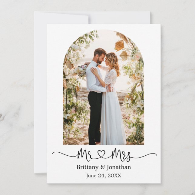 Modern Arch Calligraphy Heart Mr. and Mrs. Wedding Thank You Card (Front)