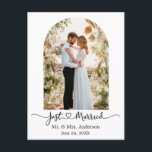 Modern Arch Calligraphy Heart Photo Just Married Postcard<br><div class="desc">Modern Elegant Calligraphy Script Heart Just Married  -  Arch Photo Frame Wedding Announcement Postcard - Black & White</div>