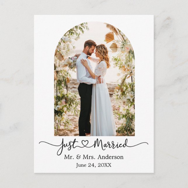 Modern Arch Calligraphy Heart Photo Just Married Postcard (Front)