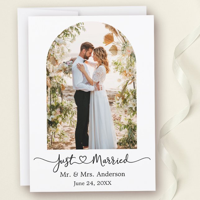 Modern Arch Calligraphy Heart Photo Wedding Announcement (Customize to change your personalized text size, text style or to add more text to back of card.)