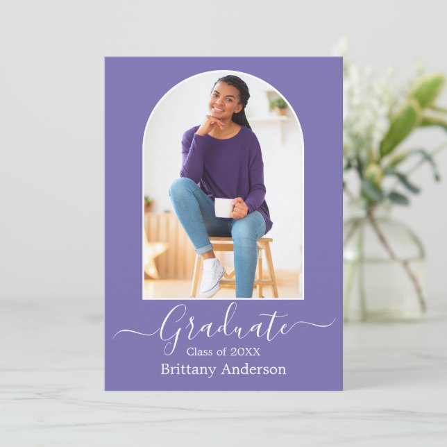 Modern Arch Calligraphy Periwinkle Graduation Announcement (Standing Front)