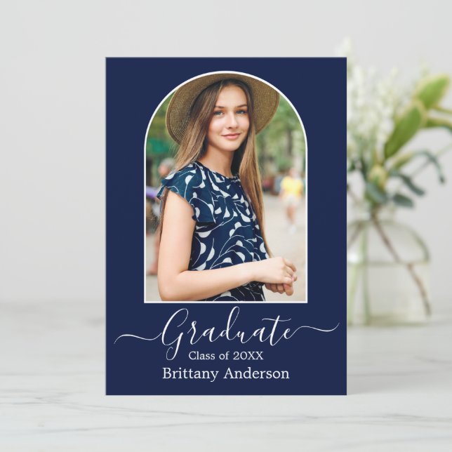 Modern Arch Calligraphy Photo Blue Graduation Announcement (Standing Front)