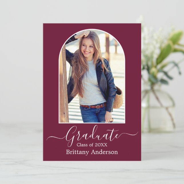 Modern Arch Calligraphy Photo Burgundy Graduation Announcement (Standing Front)