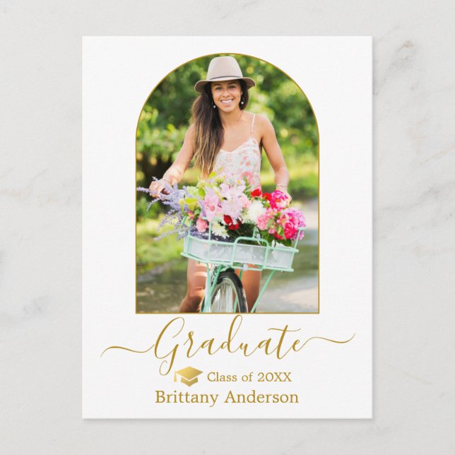 Modern Arch Calligraphy Photo Gold Cap Graduation Postcard (Front)