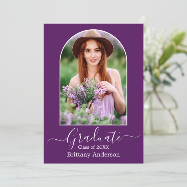 Modern Arch Calligraphy Photo Purple Graduation Announcement (Standing Front)