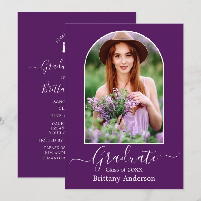 Modern Arch Calligraphy Purple Graduation Party Invitation (Front/Back)