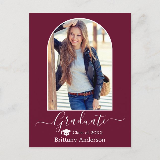 Modern Arch Cap Calligraphy Burgundy Graduation Postcard (Front)