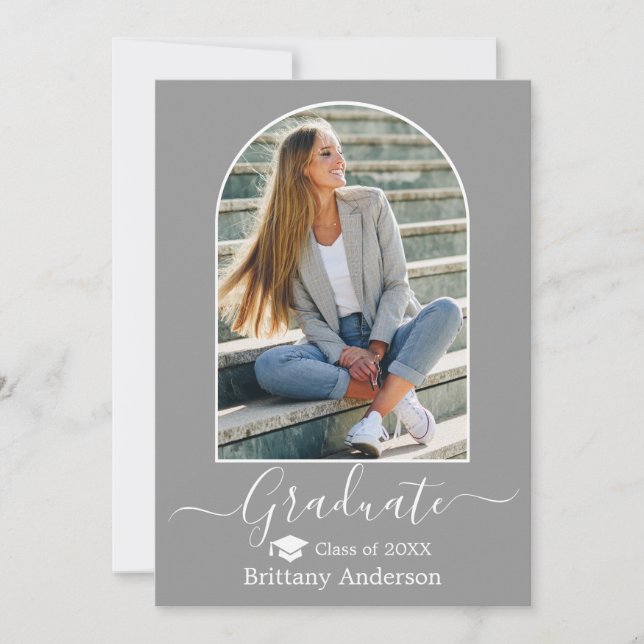 Modern Arch Cap Calligraphy Grey Graduation Announcement (Front)