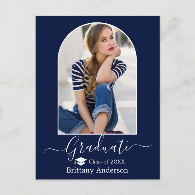 Modern Arch Cap Calligraphy Photo Blue Graduation  Postcard (Front)