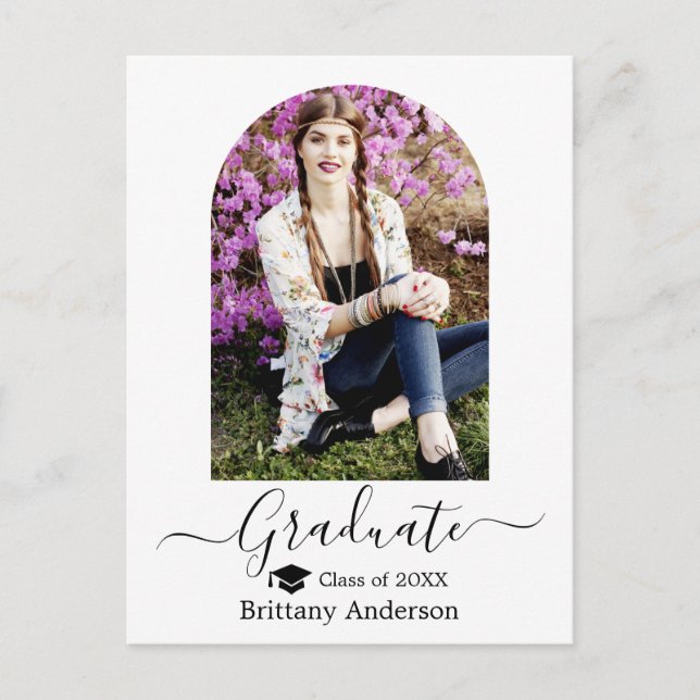 Modern Arch Cap Calligraphy Photo Graduation Postcard (Front)