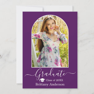 Modern Arch Cap Calligraphy Purple Graduation Announcement