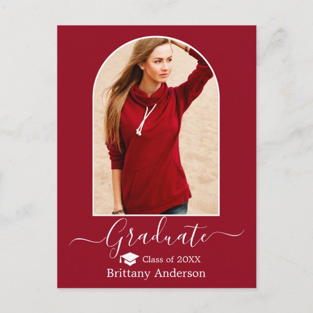 Modern Arch Cap Calligraphy Red Graduation Postcard (Front)