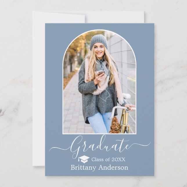 Modern Arch Cap Dusty Blue Graduation Announcement (Front)