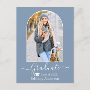 Modern Arch Cap Dusty Blue Photo Graduation Postcard