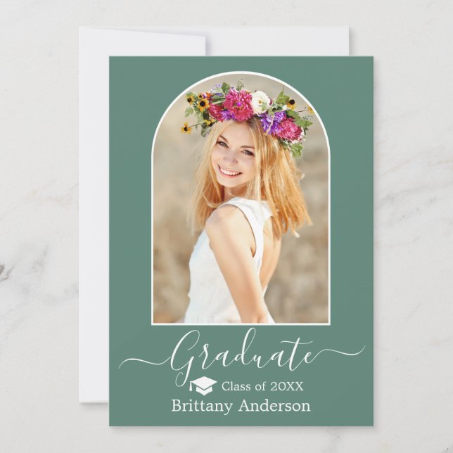 Modern Arch Cap Eucalyptus Green Graduation Announcement (Front)