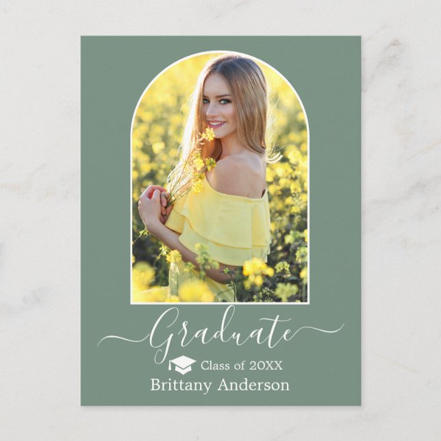 Modern Arch Cap Sage Green Graduation Postcard (Front)