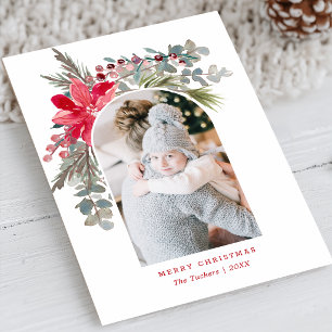 Modern Arch Christmas Watercolor Floral Photo Holiday Card