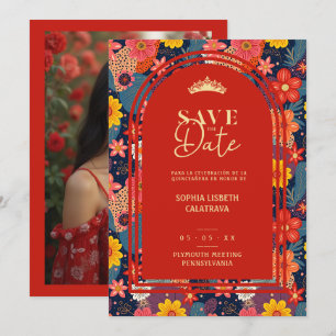Modern Arch Colourful Floral Quinceañera TMF26 Save The Date