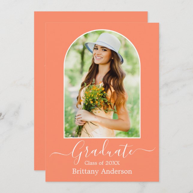 Modern Arch Coral Peach Graduation Party Invitation (Front/Back)