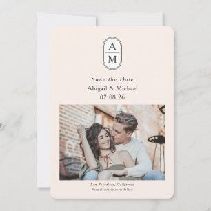 Modern arch couple photo with initials save the date