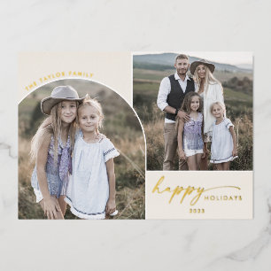 Modern Arch   Cream Foil 3 Family Photos Foil Holiday Card