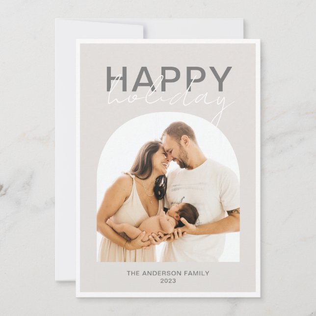 Modern Arch Cream Grey Photo Happy Holiday Card (Front)