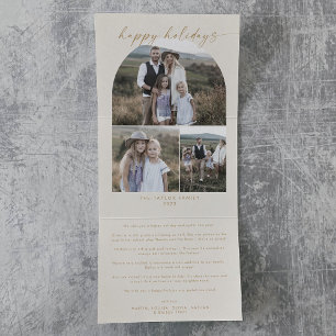 Modern Arch Cream Happy Holidays Photo Collage Tri-Fold Holiday Card