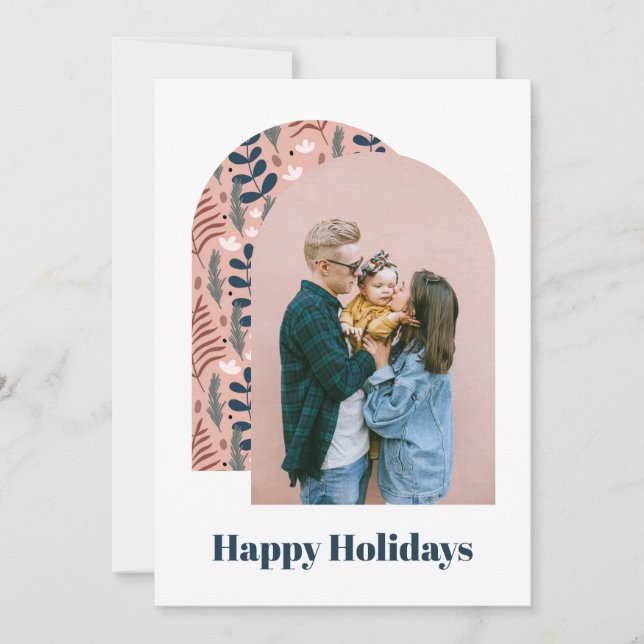 Modern Arch Custom Photo Pink Foliage Holiday Card (Front)