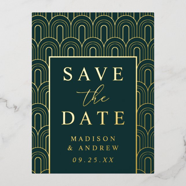 Modern Arch Deco Wedding Save the Date Foil Invitation Postcard (Front)