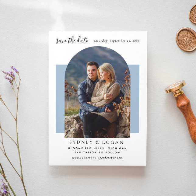 Modern Arch Dusty Blue Wedding Photo Save The Date (Creator Uploaded)