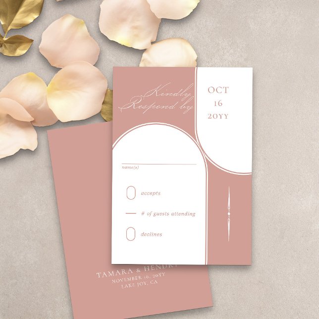 Modern Arch Elegant Calligraphy Rose Gold Wedding RSVP Card (Modern arches rose gold wedding rsvp card from my Wedding Colors collection)