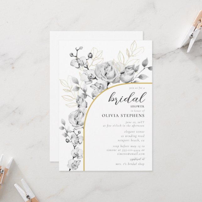 Modern Arch Elegant Floral Gold Chic Bridal Shower Invitation (Front/Back In Situ)
