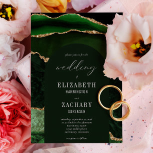 Modern Arch Emerald Green Gold Agate Wedding Invitation