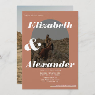 Modern arch fall terracotta photo retro wedding invitation