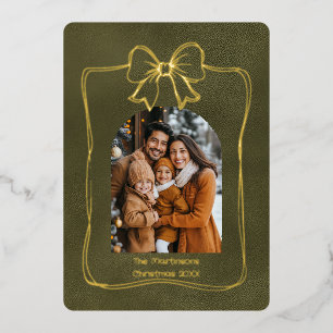 Modern Arch Family Photo and Bow Christmas Foil Holiday Card