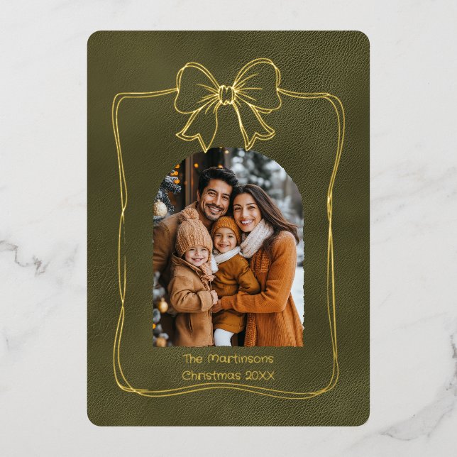 Modern Arch Family Photo and Bow Christmas  Foil Holiday Card (Front)