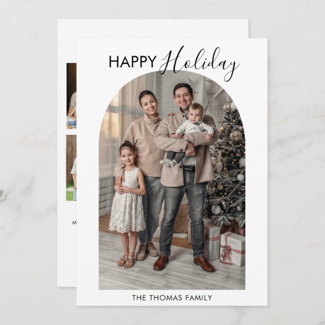 Modern Arch Family Photo Collage Holiday Card (Front/Back)