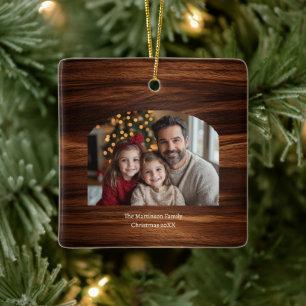 Modern Arch Family Photo Woodgrain Christmas Ceramic Ornament
