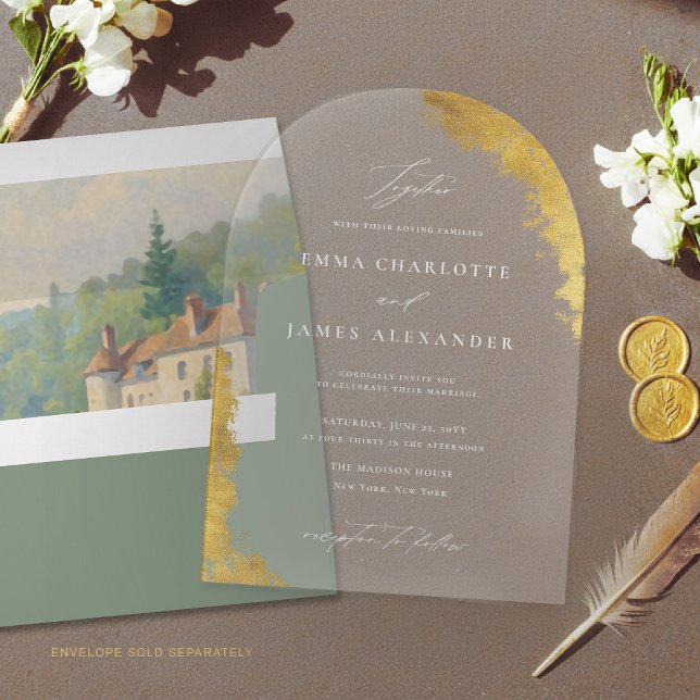 Modern Arch Faux Gold White Elegant Luxury Wedding Acrylic Invitations (sage green gold acrylic wedding invitation arch shape transparent elegant modern romantic white)
