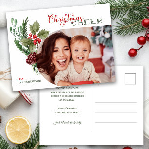 Modern Arch Floral Christmas Cheer Script Photo Postcard