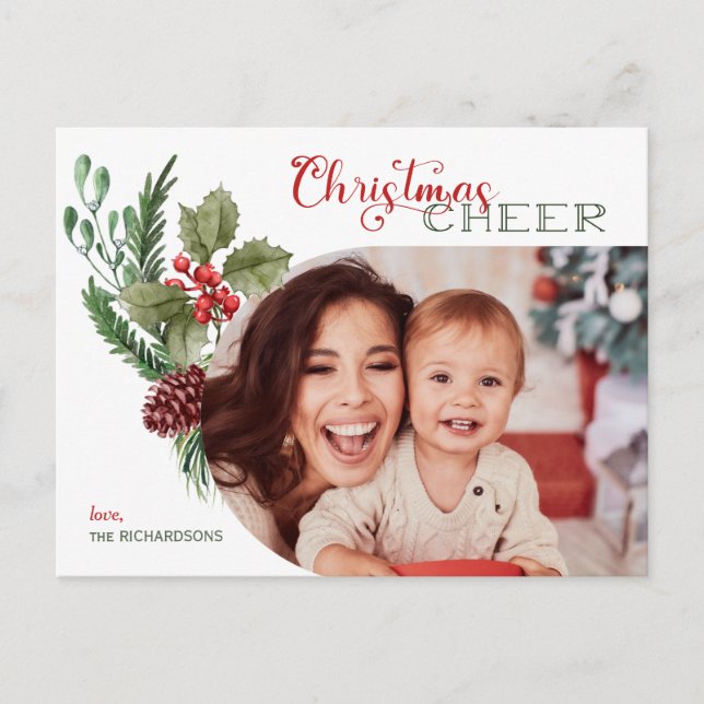 Modern Arch Floral Christmas Cheer Script Photo Postcard (Front)