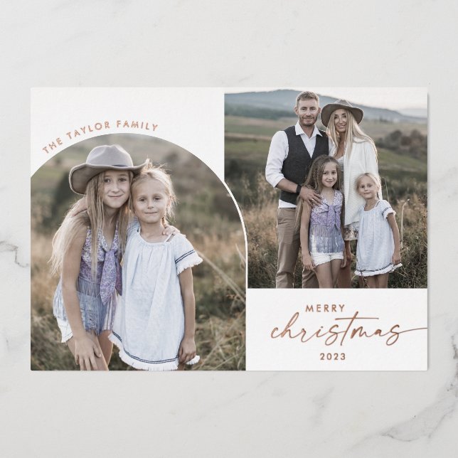 Modern Arch | Foil 3 Family Photos Christmas News Foil Holiday Card (Front)