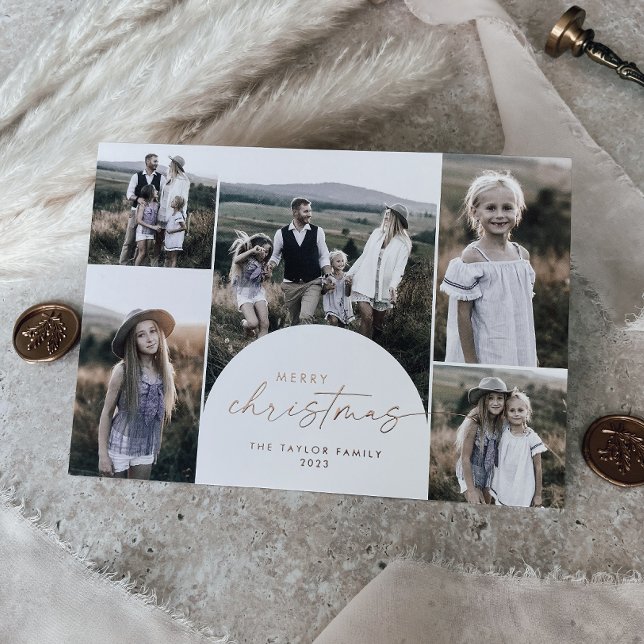 Modern Arch Foil Multi Photo Family News Christmas Foil Holiday Card (Creator Uploaded)